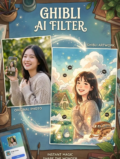 A "Ghibli AI Filter" promotional graphic showing a girl's portrait transforming into a hand-drawn anime illustration with Totoro-inspired elements.