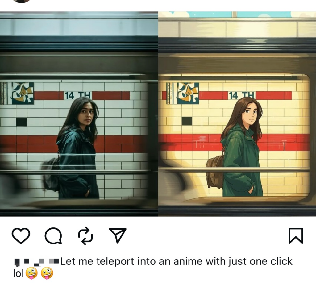 Comparison of a woman in a green jacket at a New York subway station versus its anime counterpart.