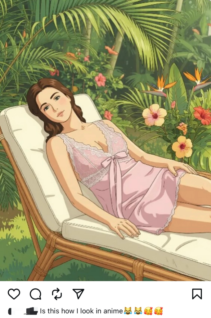 Anime-style illustration of a woman in a pink slip dress lounging on a sunbed in a lush tropical garden.
