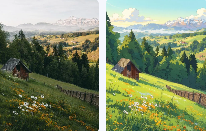 A landscape transformation from a realistic photo of a mountain cabin to a vibrant, saturated anime meadow.