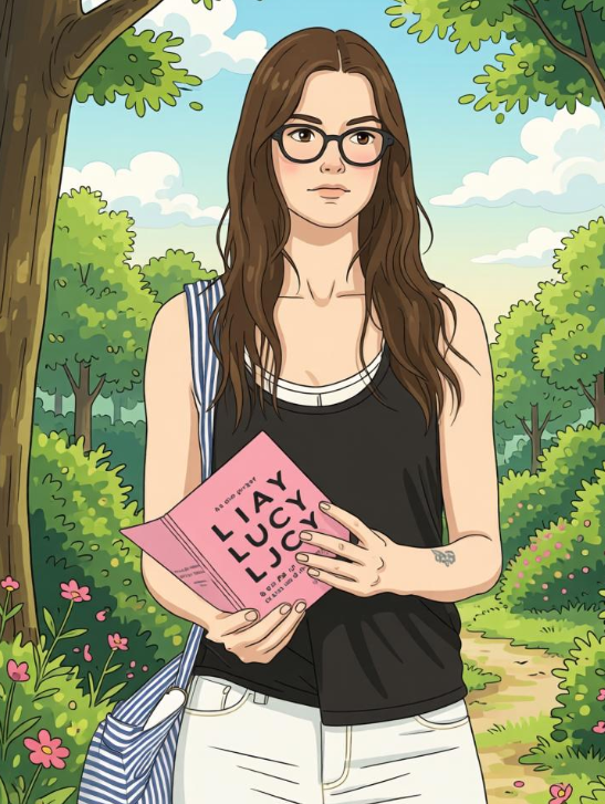 Anime-style illustration of the woman with glasses and pink book, now set in a lush, sunny park background.