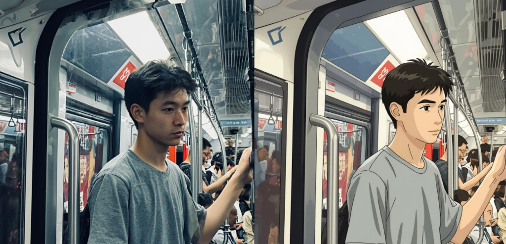 Side-by-side comparison of a man on a subway train transformed into a clean, modern anime art style.
