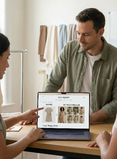 A marketing team using nanobanana pro to transform a flat-lay linen dress into multiple photorealistic Virtual Try-On model images on a laptop.