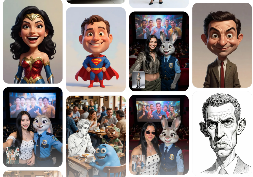 A collage of AI memes and caricatures including Wonder Woman, Superman, and celebrity parodies generated by Grok Imagine 1.0.