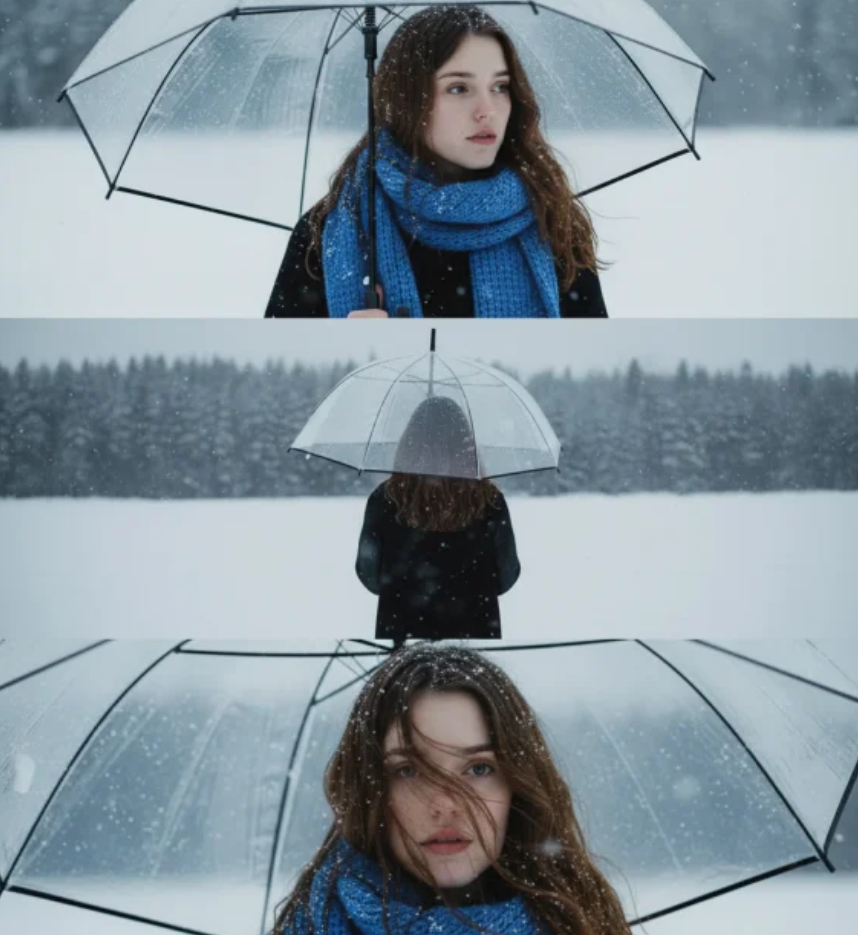 Three consistent views of a woman with a blue scarf under a transparent umbrella in the snow, demonstrating character consistency in Nano Banana Pro.