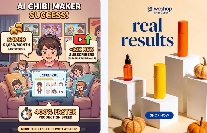 AI-generated marketing posters for "AI Chibi Maker" and "WeShop Skin Care" showing perfect English text rendering.