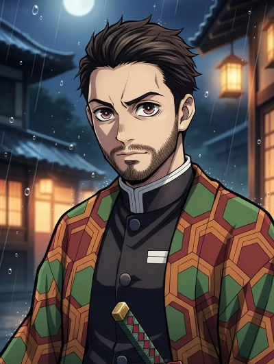 A high-quality AI-generated anime character in Demon Slayer style with a beard, wearing a patterned haori and Corps uniform, created using a demon slayer oc maker.