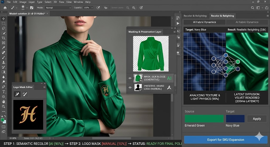 A highly detailed UI simulation of a professional workflow for e-commerce asset expansion. The main subject is a model wearing an intricate emerald-green silk blouse with complex, glossy drapery. The interface features a mask editor (isolating the logo 'H'), a semantic layering stack (separating silk from mask), and a latent diffusion analysis tool, all showing the final 10% human check required for absolute accuracy.