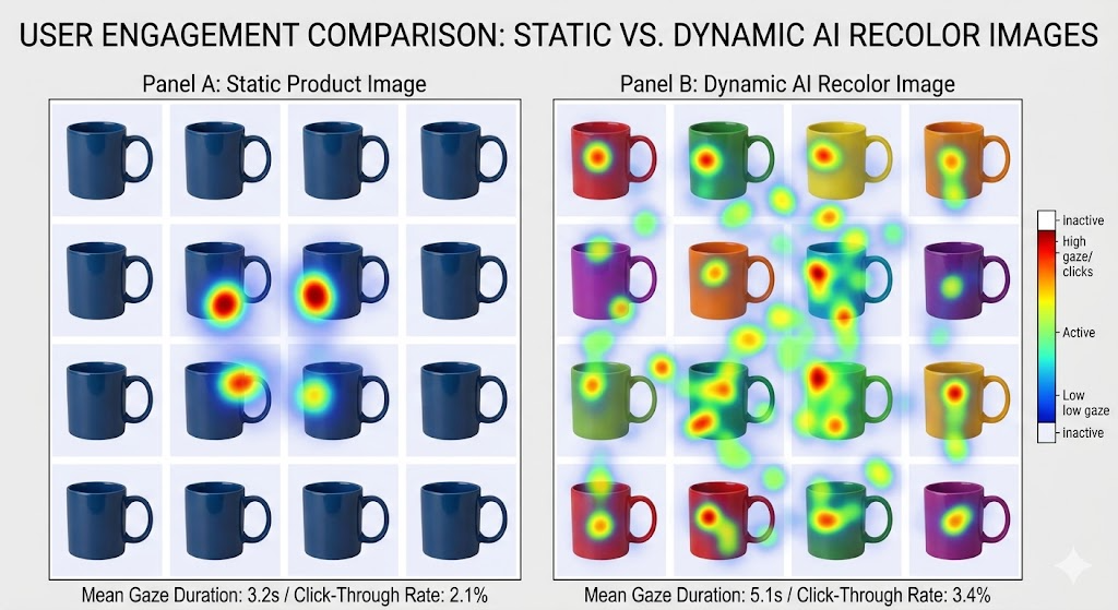 A professional data dashboard comparing user gaze duration and click-through rates between static product images and dynamic AI-recolored image grids.