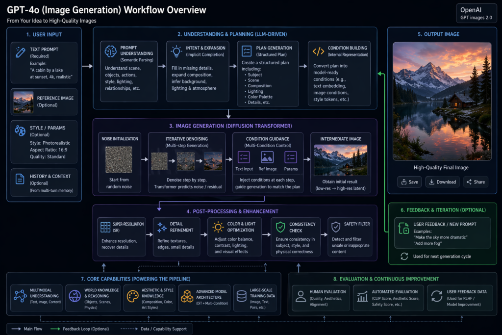 A detailed technical flowchart of the gpt-image-2 (GPT-4o) workflow, illustrating the transition from LLM-driven semantic planning to Diffusion Transformer rendering and post-processing enhancement.