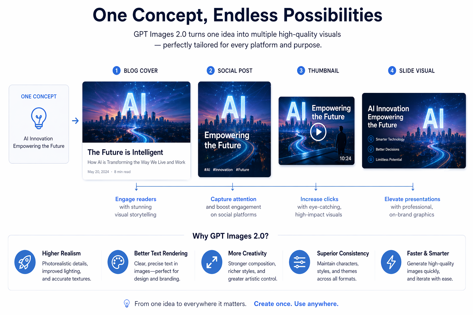 An infographic titled "One Concept, Endless Possibilities" showing how gpt image 2 converts a single AI concept into a blog cover, social media post, video thumbnail, and presentation slide with consistent branding.
