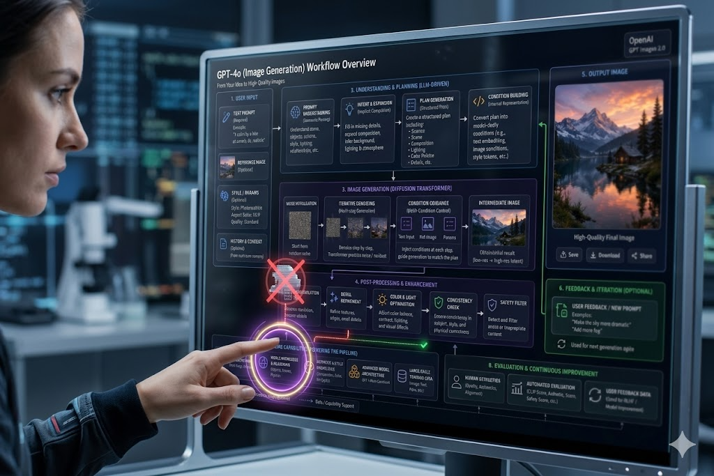 A close-up photograph of a technician with short hair in a tech lab, pointing her finger at a large, vertical transparent display screen. The screen shows a complex, futuristic diagram titled "GPT-4o (Image Generation) Workflow Overview," detailing a multi-step pipeline from User Input to Output Image. Icons, glowing lines, and text blocks are legible.