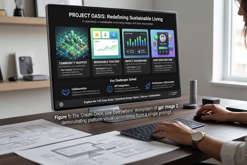 A high-quality photo of a large monitor on a dark wood desk in a minimalist studio. The screen shows the "Project Oasis" case study with four detailed project tiles (including Community Mapper and Impact Dashboard) and "Key Challenges Solved" descriptions. Below the screen, printed on the desk, is the text for "Figure 1." In the foreground, hands type on a keyboard and use a mouse; sketches and a watch are visible.