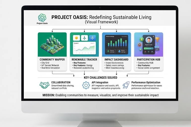 An iMac computer screen displays a "Project Oasis: Redefining Sustainable Living (Visual Framework)" infographic on the webpage of gpt image 2. Four main components—Community Mapper, Renewable Tracker, Impact Dashboard, and Participation Hub—are arranged horizontally with icons and key features. Below, a section titled "Key Challenges Solved" links to icons for Collaboration, API Integration, and Performance Optimization. A mission statement is visible at the bottom.