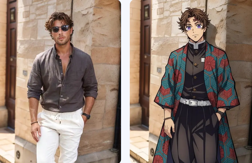 A before and after view of a handsome man in a grey t-shirt and white pants being turned into a fierce anime swordsman by a demon slayer oc maker.