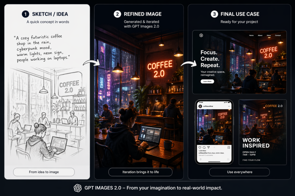 A three-panel vertical infographic titled GPT IMAGES 2.0 – From your imagination to real-world impact. Step 1 (Sketch / Idea) shows a hand-drawn pencil sketch of a cyberpunk coffee shop. Step 2 (Refined Image) shows a high-quality, neon-lit version of that shop. Step 3 (Final Use Case) shows the image integrated into a website header and social media posts.