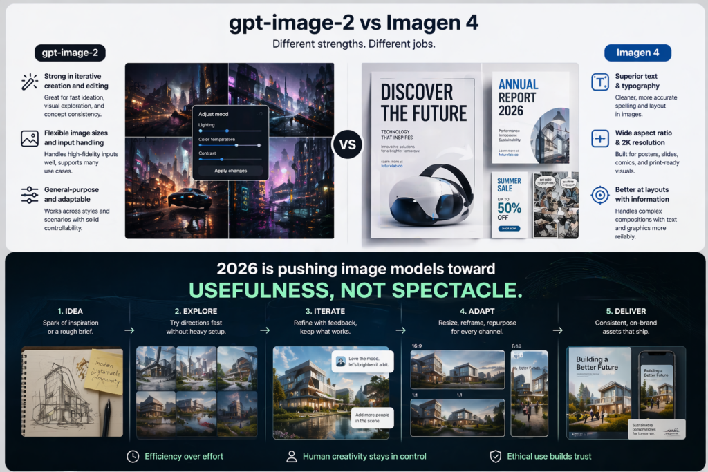 An infographic comparing gpt-image-2 and Imagen 4. The top half lists strengths: gpt-image-2 for iterative creation and editing, and Imagen 4 for superior typography and layout. The bottom half features a 5-step "2026 Image Model Roadmap" emphasizing usefulness over spectacle, covering the stages of Idea, Explore, Iterate, Adapt, and Deliver.