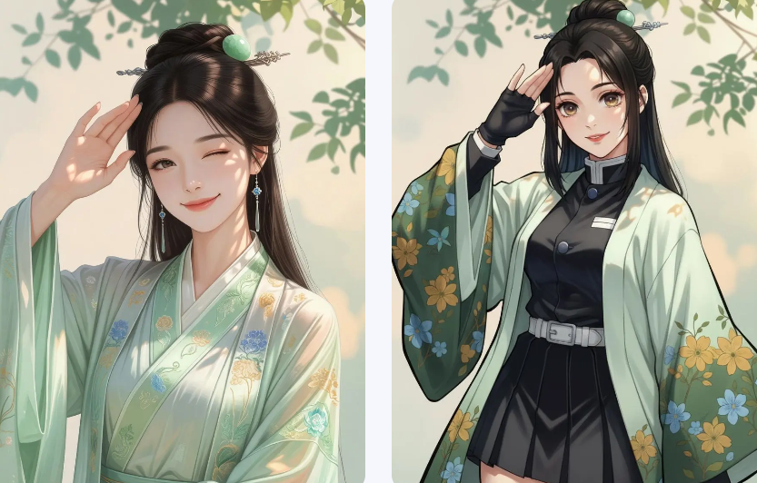 A before and after comparison showing a hand-drawn girl in traditional green clothing transformed into a professional anime character using a demon slayer oc maker.
