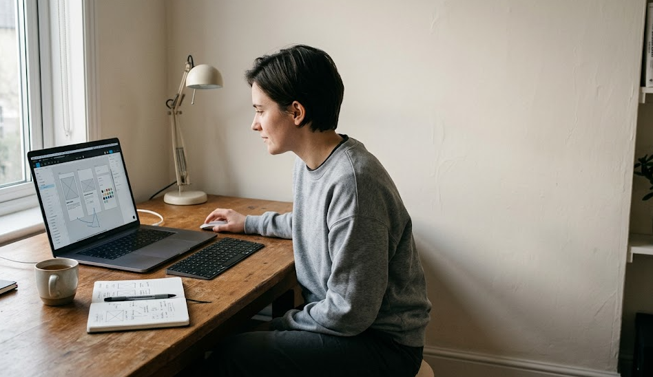A short-haired woman sitting at a wooden desk, focused on a laptop screen displaying a UI design wireframe. Natural light streams in from a window, creating a practical and calm creative atmosphere.