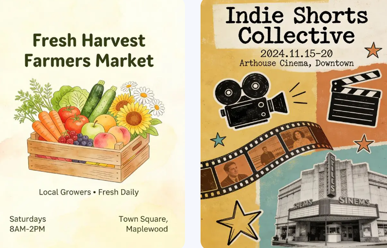 Two posters side-by-side: a soft watercolor illustration for "Fresh Harvest Farmers Market" and a retro, collage-style "Indie Shorts Collective" poster featuring a vintage movie camera.