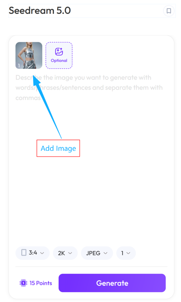 A UI screenshot with a red box highlighting the "Add Image" button and a blue arrow pointing to the uploaded reference thumbnail of a model in silver clothing.