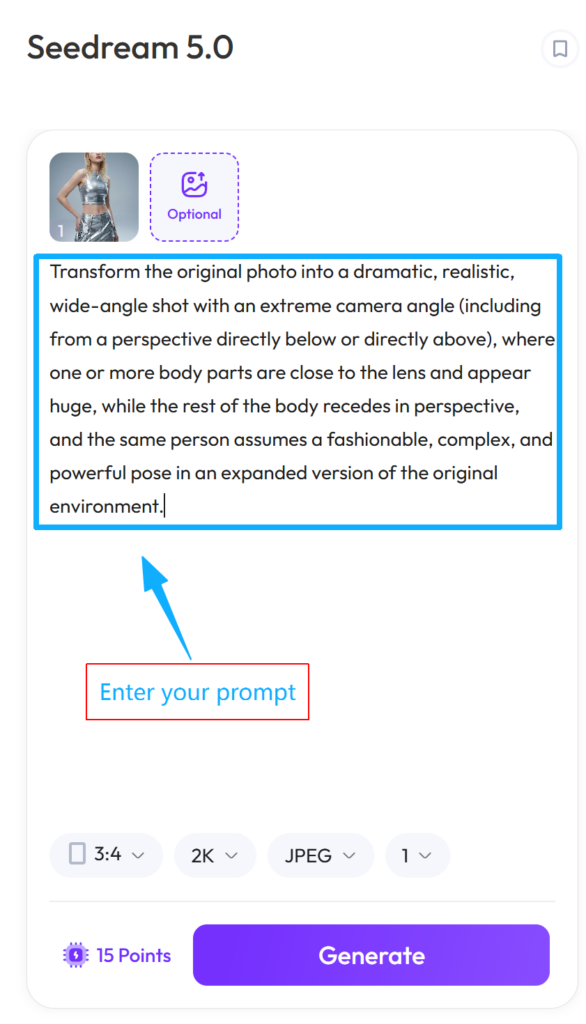 A screenshot of the prompt interface showing a long text description for a dramatic wide-angle shot inside a blue box, with a red box highlighting the "Enter your prompt" instruction.