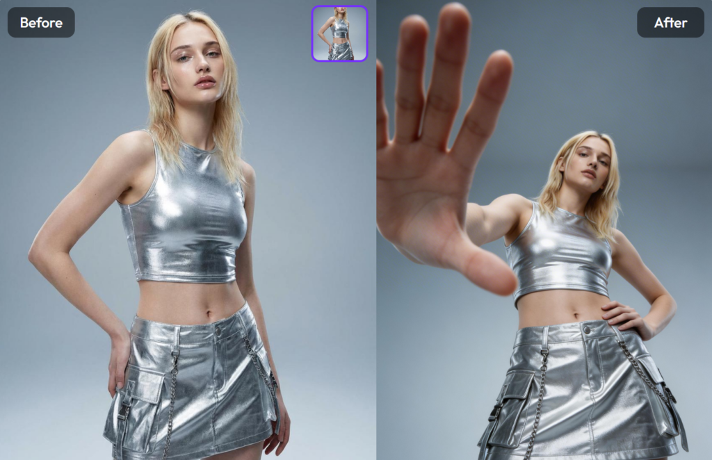 A "Before" and "After" comparison visual. The "Before" image is a standard portrait of a model in silver; the "After" image shows the same model in a dramatic wide-angle pose with a foreshortened hand reaching toward the lens.