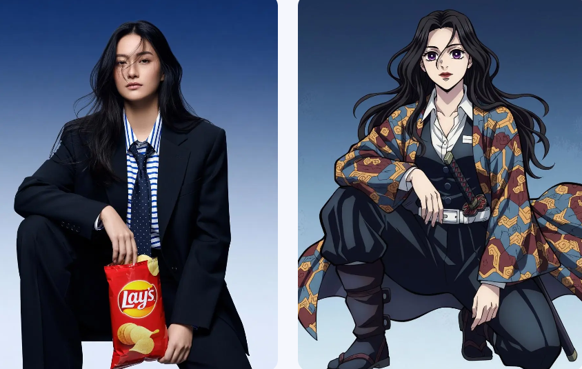 A before and after transformation of a young woman in a professional suit and tie into a stylized anime character via a demon slayer oc maker.