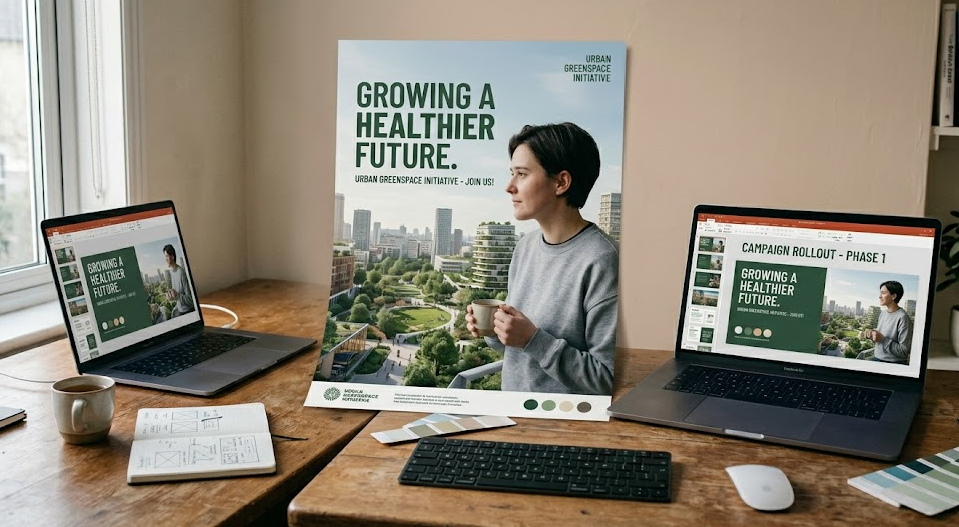 A desk setup showing a large "GROWING A HEALTHIER FUTURE" campaign poster in the center, flanked by two laptops displaying matching presentation slides for the same urban initiative.