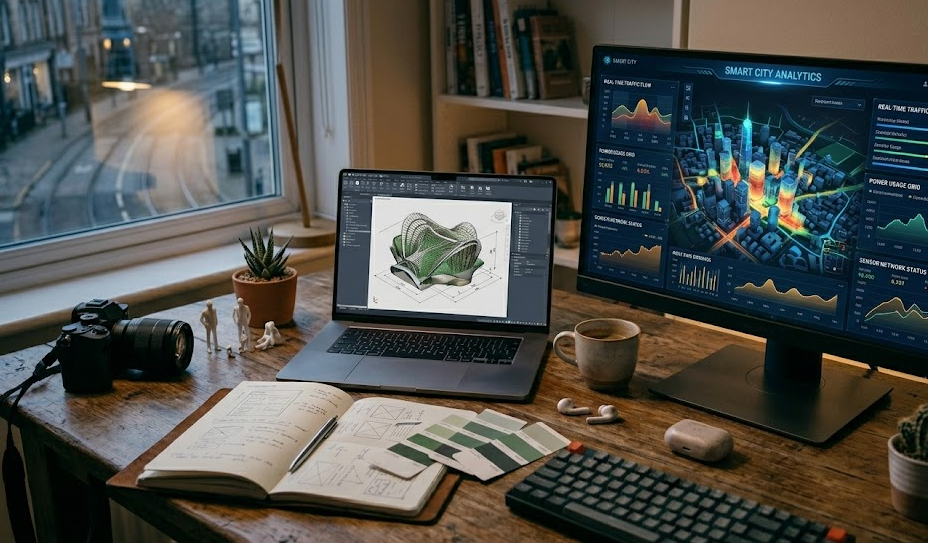 a finished visual on a screen beside a notebook, sketch, and a reference photo. The mood feels like “the work is done,” not “the tool is being advertised.”