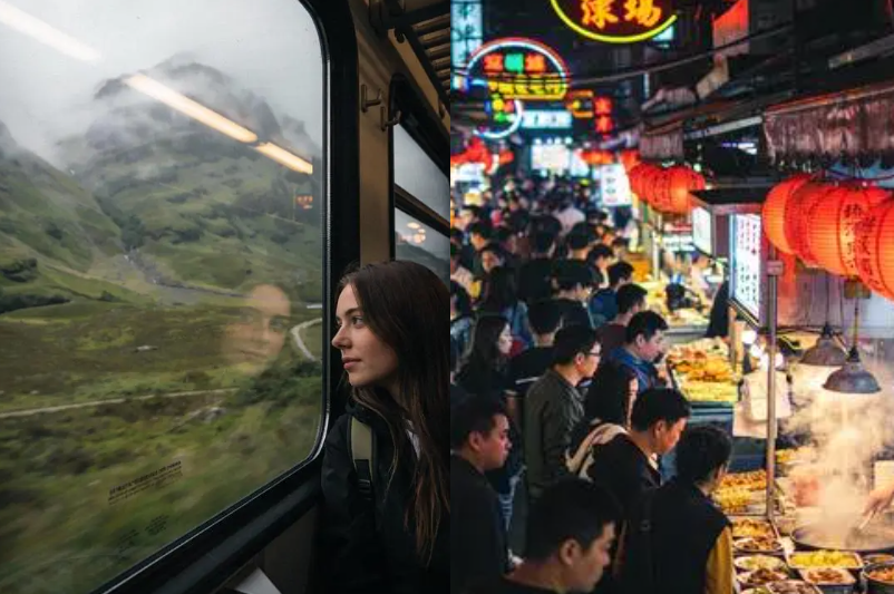 A split screen showing two distinct moods: on the left, a woman looking out a train window at a misty mountain range; on the right, a vibrant and crowded night market filled with glowing red lanterns and street food.