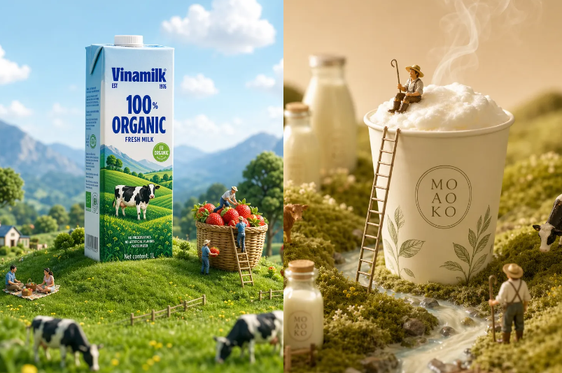 A side-by-side comparison of two miniature-style advertisements. The left features a Vinamilk carton in a farm setting; the right features a Maoko paper cup in a mountain landscape.