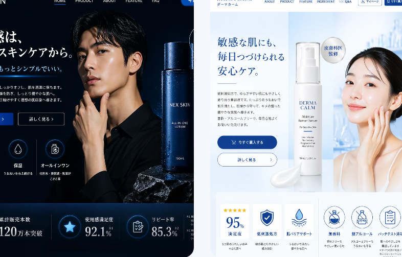 Two AI-generated skincare landing pages: a dark, sleek UI for men's lotion (NEX SKIN) on the left, and a bright, clinical UI for sensitive skin serum (DERMA CALM) on the right.
