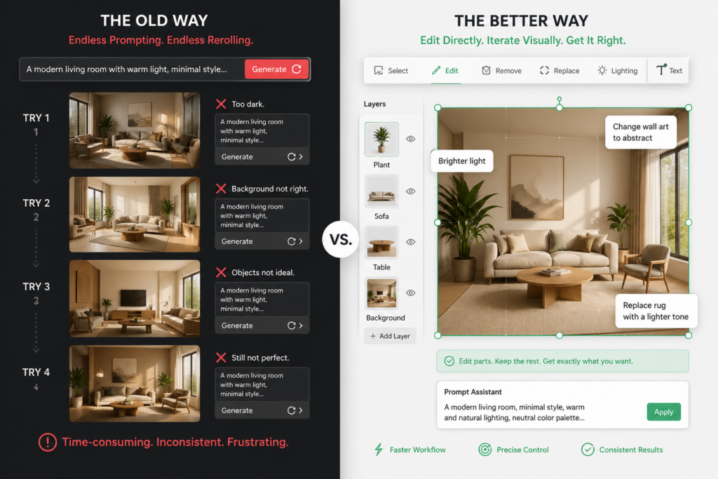 A side-by-side comparison titled 'The Old Way' vs 'The Better Way'. The left shows a frustrating, repetitive prompting process with multiple failed attempts. The right shows Dzine's direct editing interface with layers and precise control labels like 'Brighter light' and 'Replace rug'.
