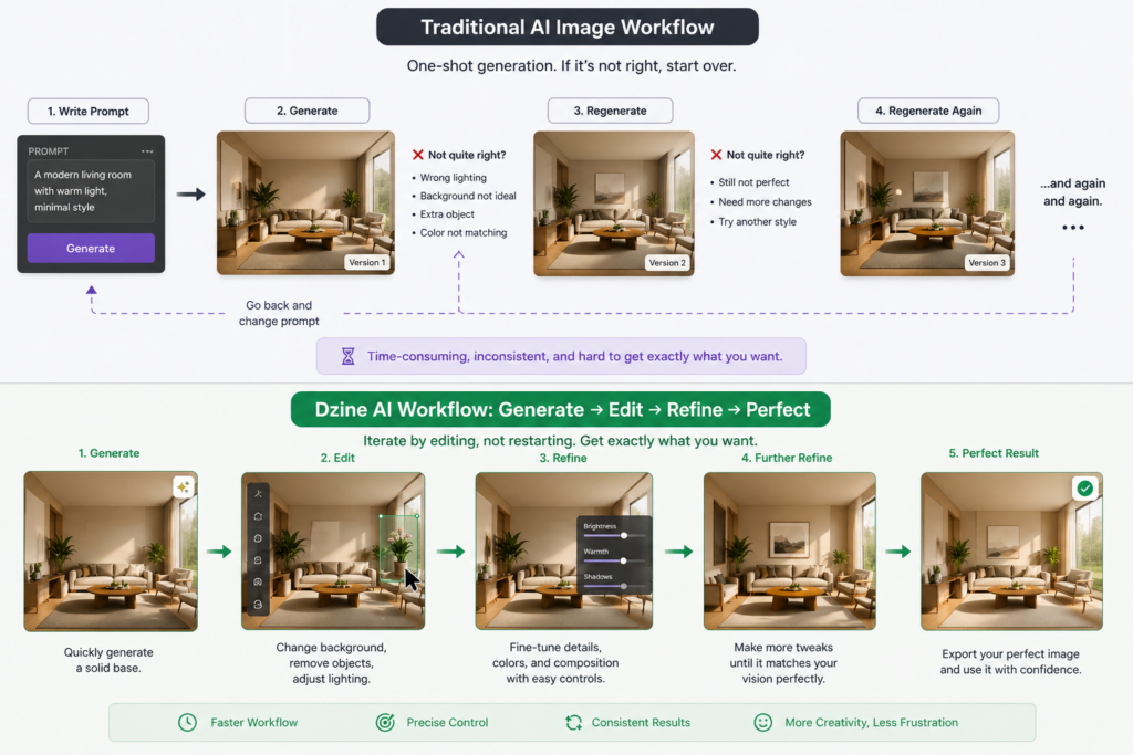 A flow diagram comparing Traditional AI Workflow (One-shot generation, start over if wrong) with Dzine AI Workflow (Generate, Edit, Refine, Perfect). It illustrates how Dzine allows users to iterate by editing specific parts rather than restarting the whole prompt.