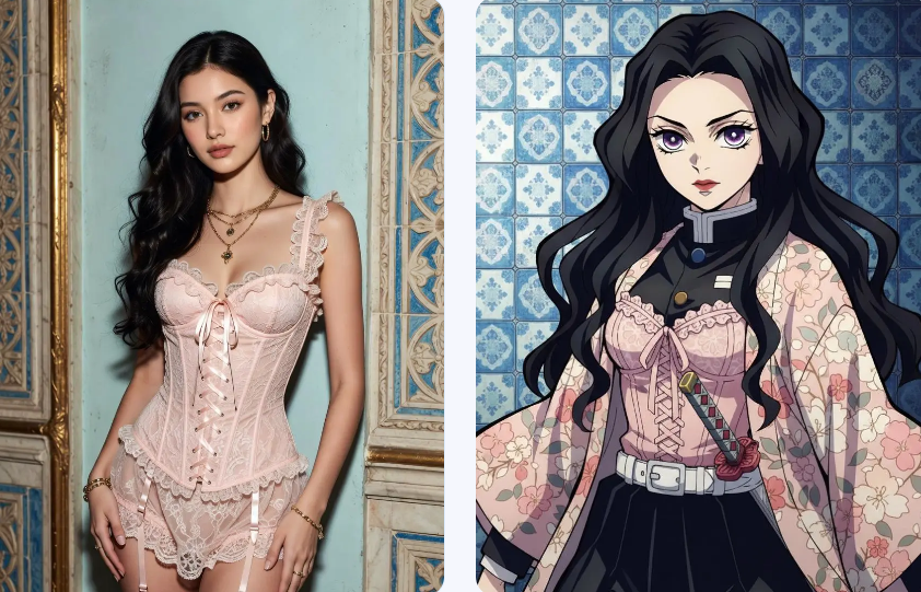 A before and after comparison of an elegant woman in a pink dress transformed into a beautiful anime persona using a demon slayer oc maker.