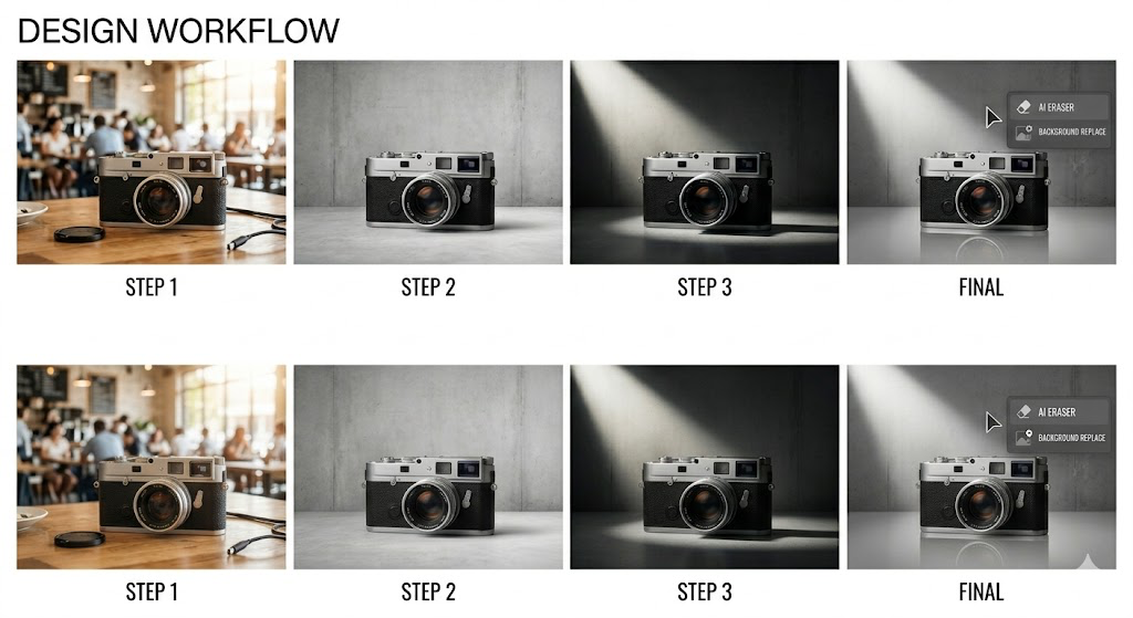 A four-step design workflow showing a vintage camera. Step 1 is the original photo in a cafe. Step 2 isolates the camera on a clean background. Step 3 adds dramatic studio lighting. The 'Final' step shows a polished, professional product shot using AI Eraser and Background Replace.