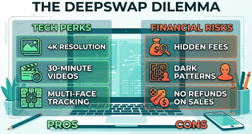 A clean, flat-style infographic titled 'The Deepswap Dilemma' comparing tech perks like 4K resolution and multi-face tracking against financial risks like hidden fees and dark patterns.