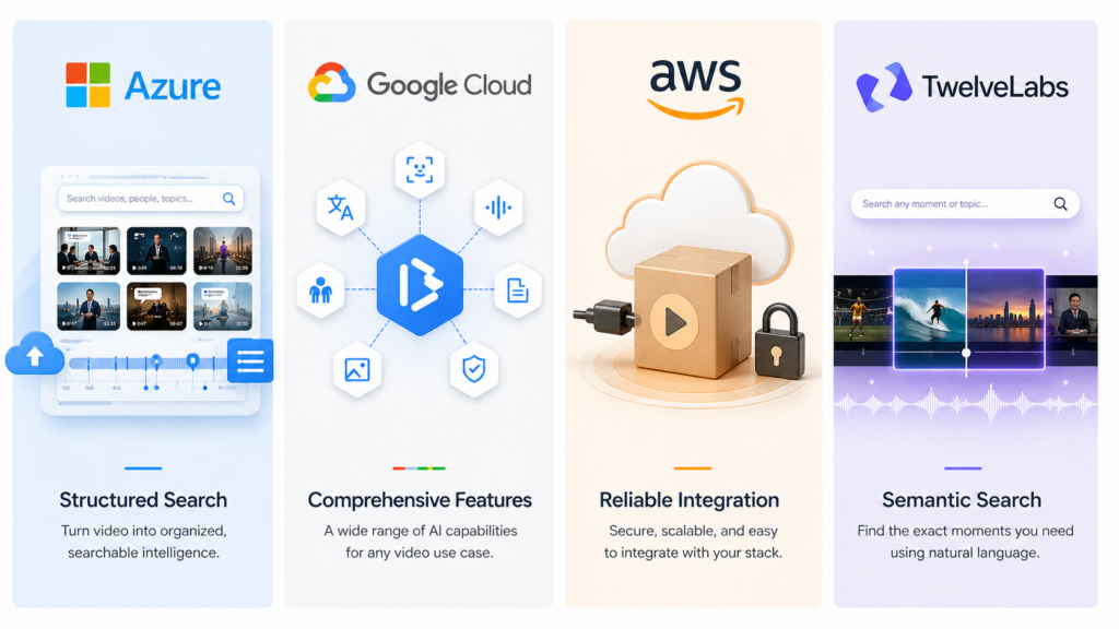 A diagram comparing the AI video capabilities of Microsoft Azure (Structured Search), Google Cloud (Comprehensive Features), AWS (Reliable Integration), and Twelve Labs (Semantic Search).