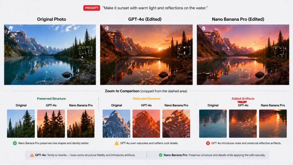 A detailed breakdown comparing how GPT-4o and Nano Banana Pro handle a sunset edit on a mountain lake photo, focusing on structural preservation.
