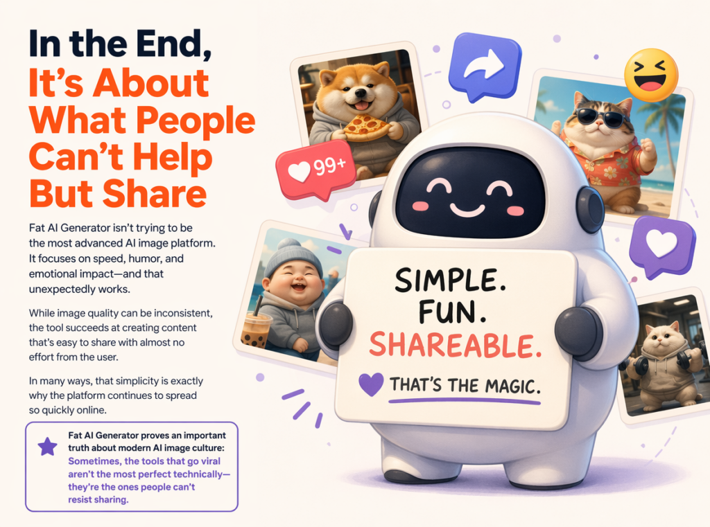 image-360 – WeShop AI Blog Promotional image for Fat AI Generator featuring a friendly robot character and various humorous, AI-generated photos of "fat" animals and people. The text highlights the platform's focus on simple and shareable content.
