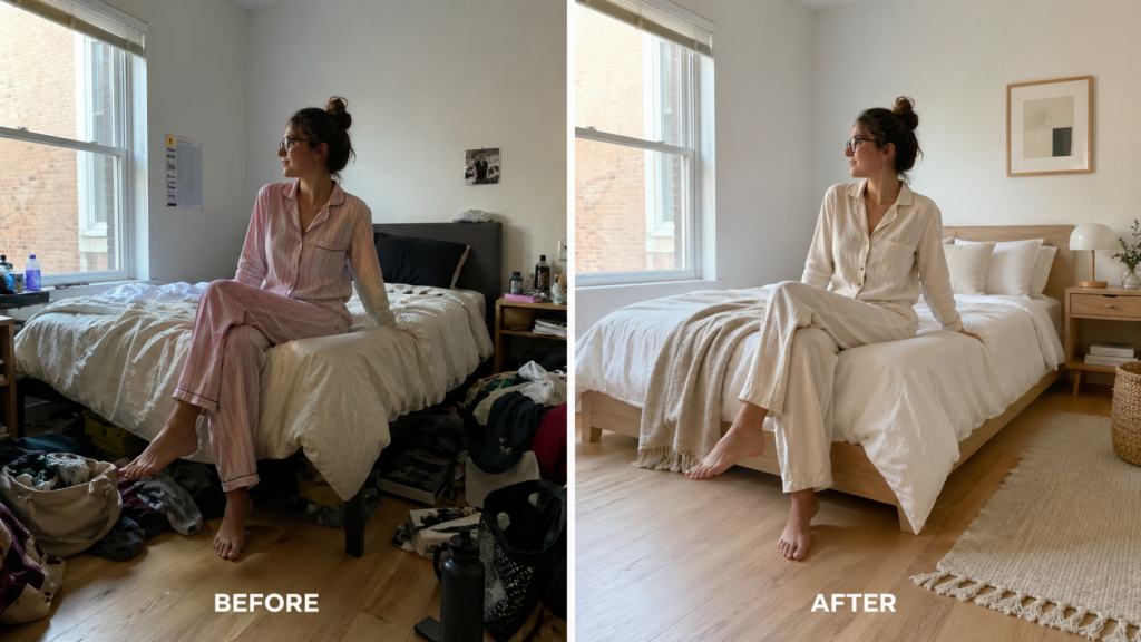 A split-screen comparison showing a cluttered bedroom on the left and a minimalist, AI-edited Scandinavian room on the right.