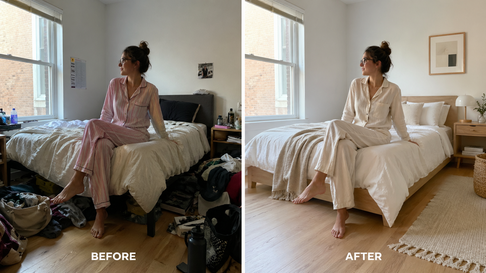 A split-screen comparison showing a cluttered bedroom on the left and a minimalist, AI-edited Scandinavian room on the right.