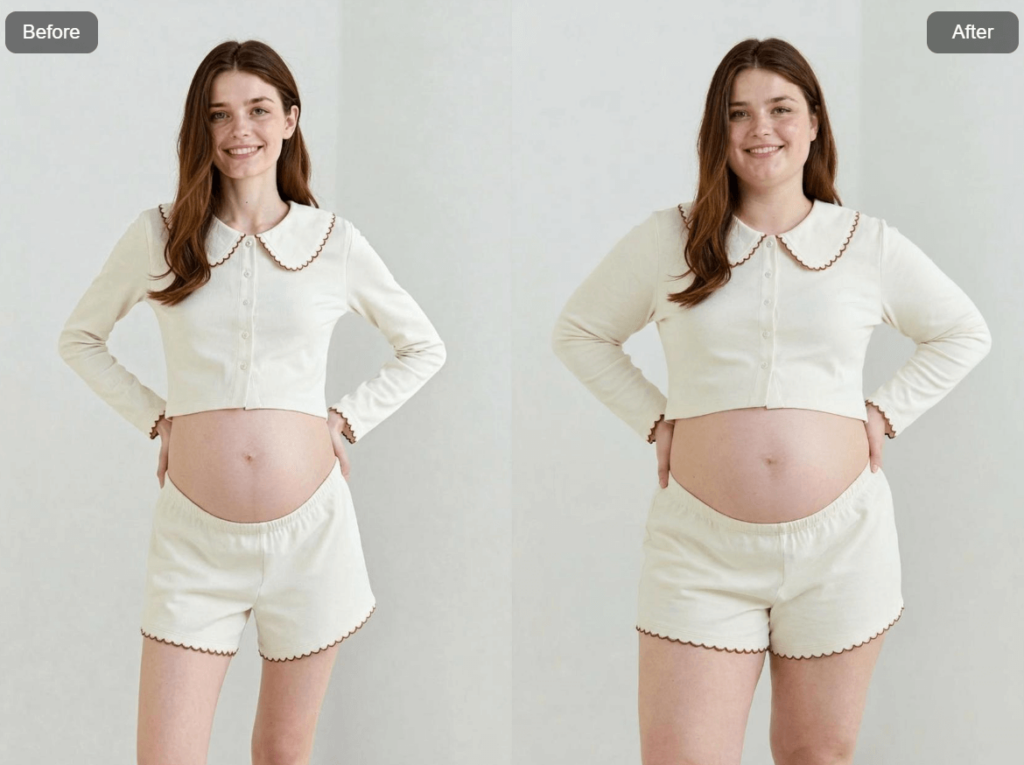image-365 – WeShop AI Blog Before and after comparison of a pregnant woman in a white two-piece set, highlighting changes in body shape and facial fullness.
