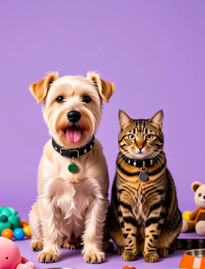 image-37 – WeShop AI Blog A simple photo of a domestic dog and a tabby cat sitting side-by-side with collars, against a plain purple background, representing a 'before' character reference.