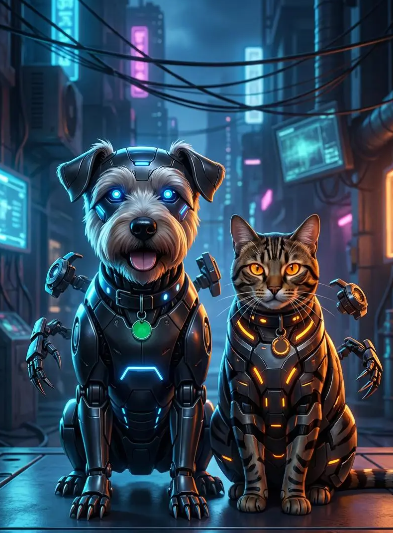A side-by-side cyberpunk sentinel pair: a robotic dog with glowing blue eyes and a robotic tabby cat with glowing orange eyes, wearing detailed mechanical armor with floating drone appendages.