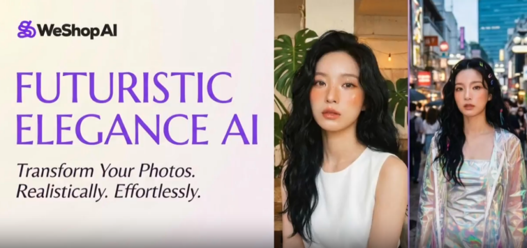 A side-by-side comparison showing a woman transformed from a casual white top into a holographic futuristic elegance outfit using WeShop AI technology.