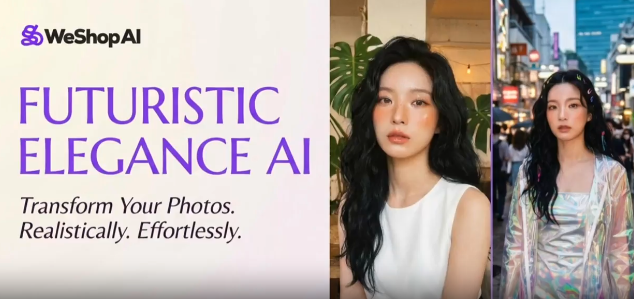 A side-by-side comparison showing a woman transformed from a casual white top into a holographic futuristic elegance outfit using WeShop AI technology.