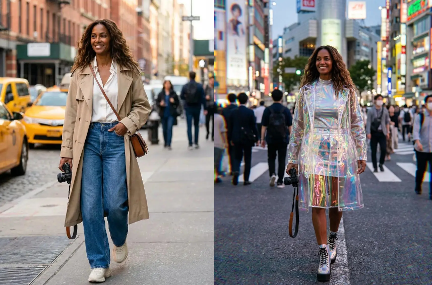 A before-and-after fashion transformation showing a woman in a classic trench coat changing into a holographic futuristic elegance outfit using WeShop AI.