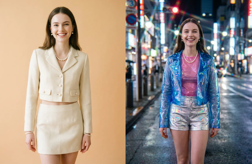 An AI-driven style upgrade from a beige suit to a metallic blue futuristic outfit with a cyberpunk city background.